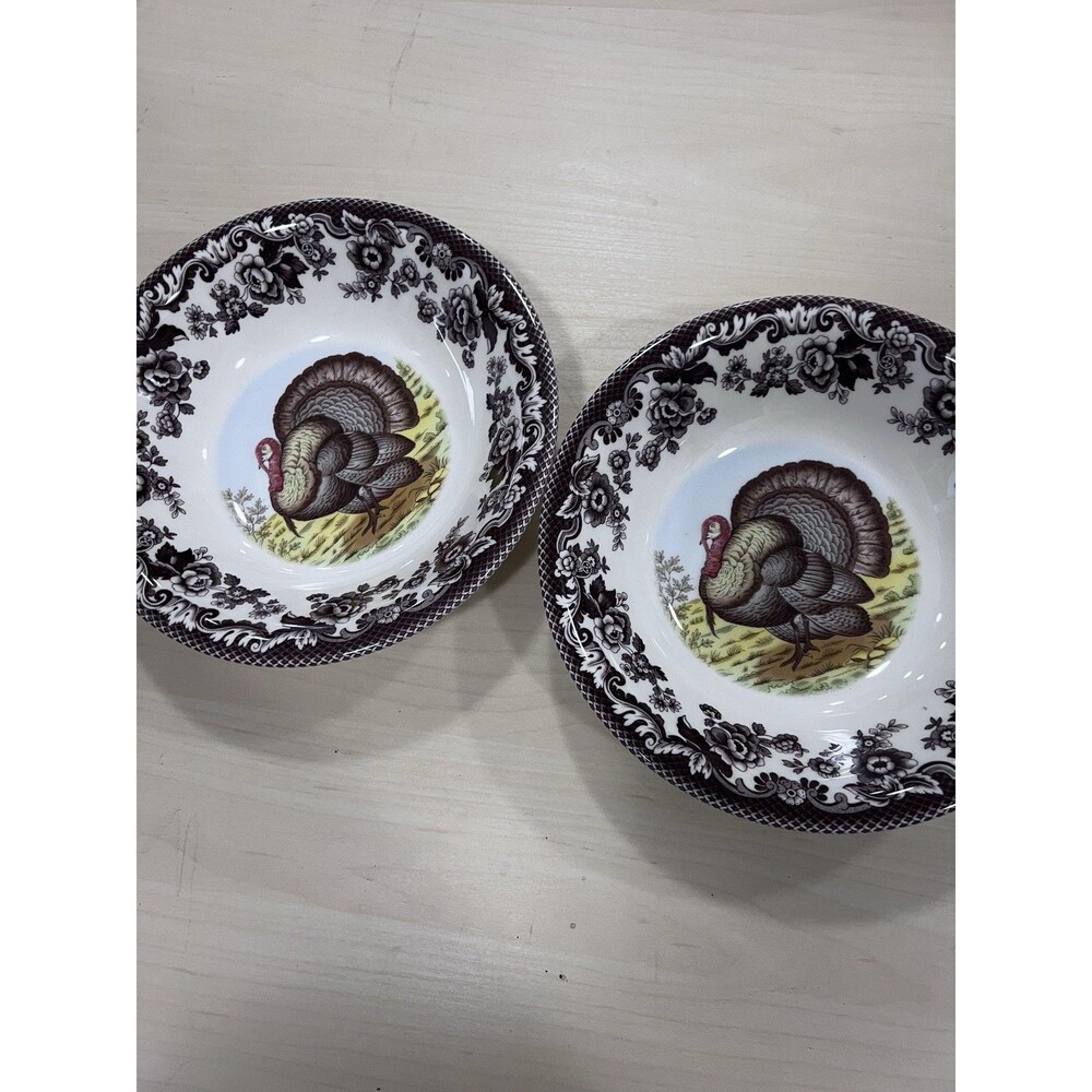 Set of 2 Spode Woodland Turkey 8" Soup/Salad/Serving Bowl Brown thanksgiving